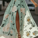 Amelie | Maxikleid Chiffon mit Blumenmuster mit freien Schultern hellgrün