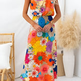Nele | Kleid maxi ärmellos mit Taillenknoten und Blumenprint