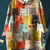 Paula | Legere Damenbluse mit künstlerischem Katzenprint