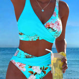 Marie | Bikini mit kontrastierendem Blumenmuster und Schlitz