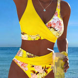 Marie | Bikini mit kontrastierendem Blumenmuster und Schlitz