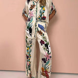Selma | Blusen- und Hosenset aus Satin mit Print einzigartig, Stil Resort
