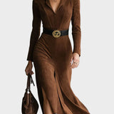 Retro-Western-Stil Kragen aus Kunstsuede, Midi mit Schlitz