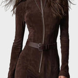 Adrianna - Maxikleid aus braunem Wildleder mit Gürtel und Reißverschluss