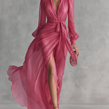 Lea | Langes Kleid aus chiffon elegant mit V-Ausschnitt und Bindetaille