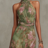 Emma | Maxikleid Chiffon mit Blumenmuster grün mit rückenfrei