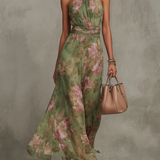 Emma | Maxikleid Chiffon mit Blumenmuster grün mit rückenfrei