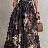 Greta | Midikleid plissiert aus Satin mit Blumenmuster schwarz