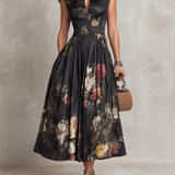 Greta | Midikleid plissiert aus Satin mit Blumenmuster schwarz