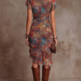 Emilia | Midikleid plissiert Herz-V-Ausschnitt abstrakt Boho