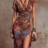 Emilia | Midikleid plissiert Herz-V-Ausschnitt abstrakt Boho