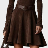 Vintage Kleid aus Dunkelbraunem Wildleder mit Stehkragen