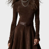 Vintage Kleid aus Dunkelbraunem Wildleder mit Stehkragen