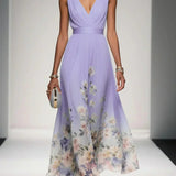 Paula | Maxikleid aus Chiffon mit Blumen hellblau und V-Ausschnitt