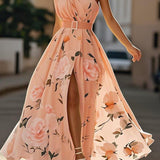 Amelie | Maxikleid Chiffon mit Blumenmuster mit freien Schultern hellgrün