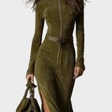 Maxi Vintage Kleid in Grün mit Reißverschluss und Gürtel