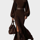 Langes Retro-Kleid mit langen Ärmeln und hohem Kragen